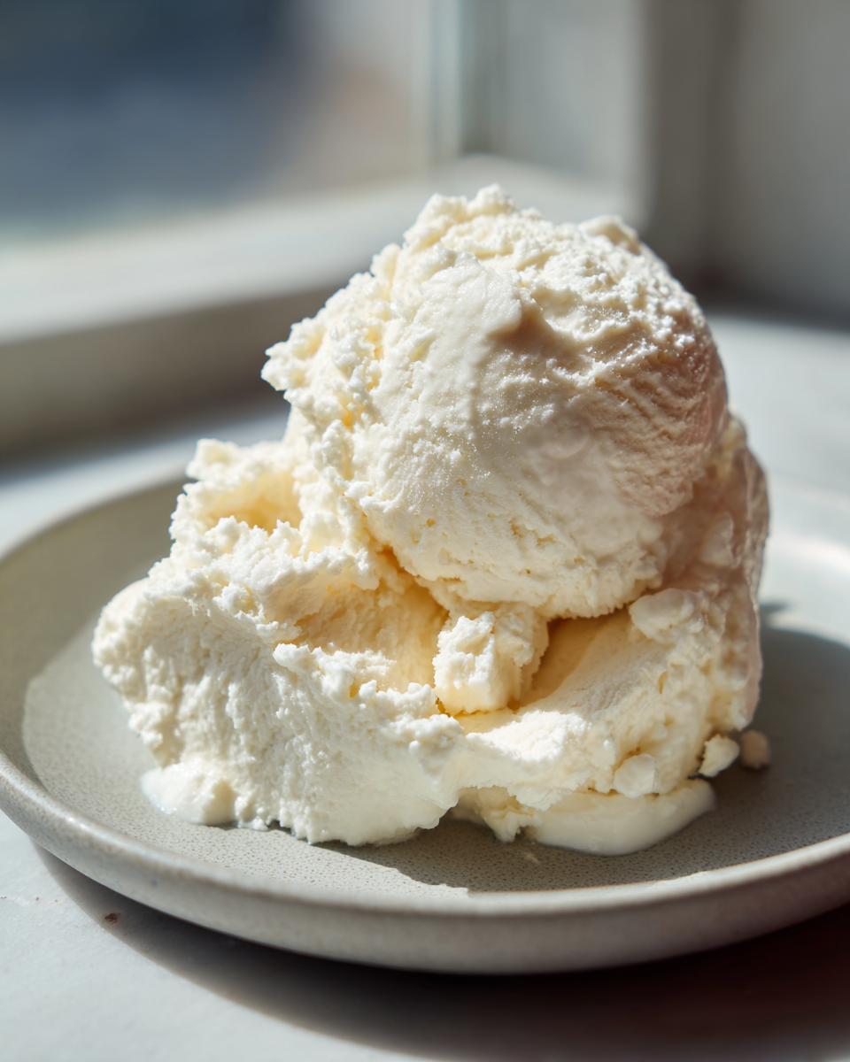 Three scoops of creamy, white cottage cheese ice cream served on a light gray plate near a window.