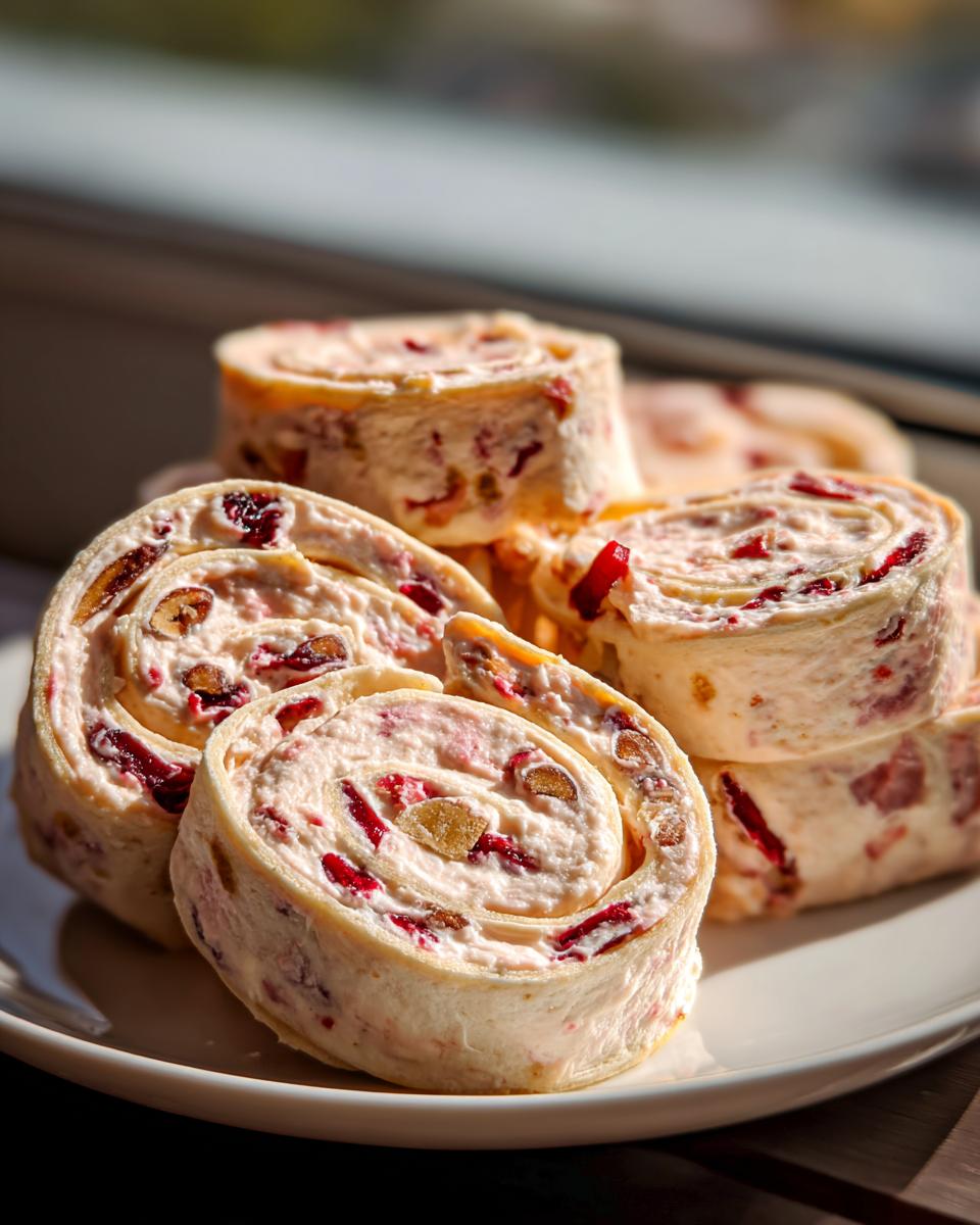 A stack of creamy cranberry tortilla roll ups filled with cranberries and nuts, served on a white plate.