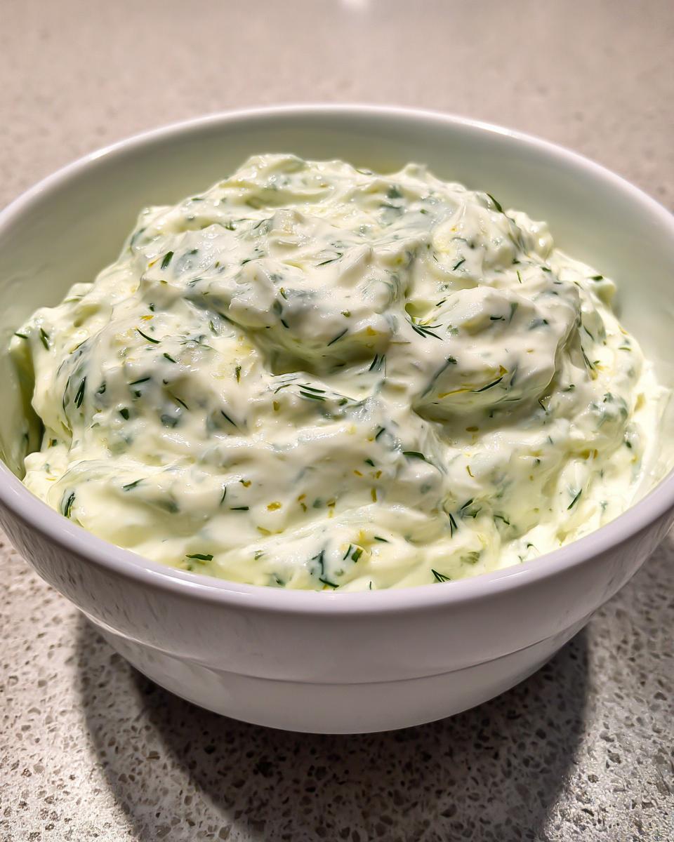 A close-up of thick, creamy dill dip loaded with fresh green herbs, served in a white bowl.
