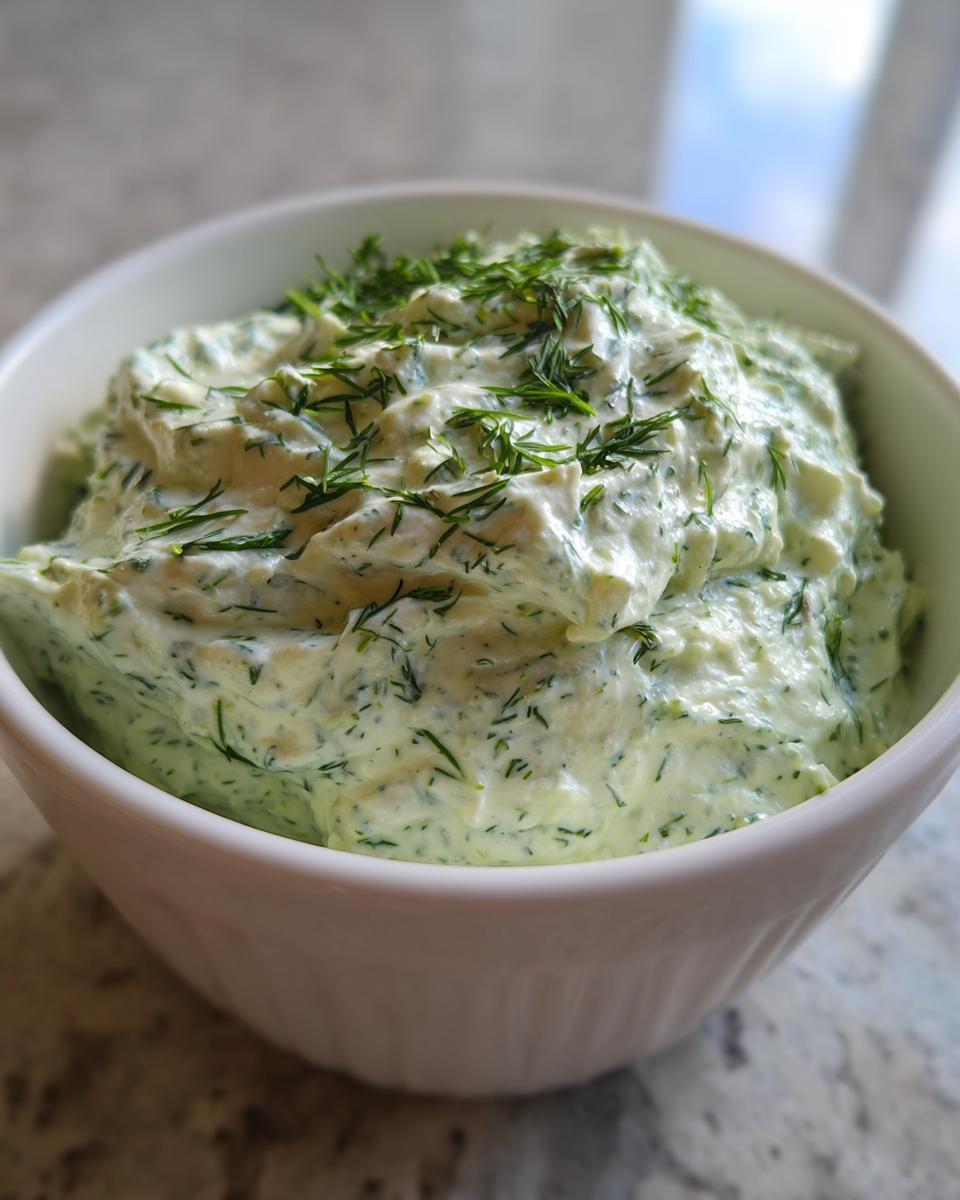 Close-up of a creamy, light green dill dip generously topped with fresh dill sprigs in a white bowl.