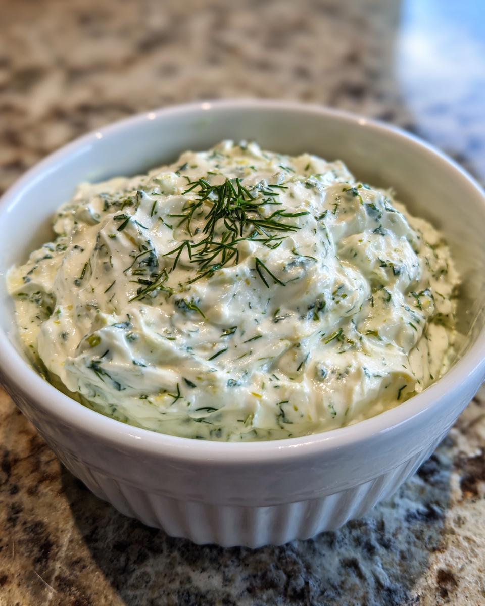 A close-up of thick, creamy dill dip garnished with fresh dill sprigs in a white bowl.
