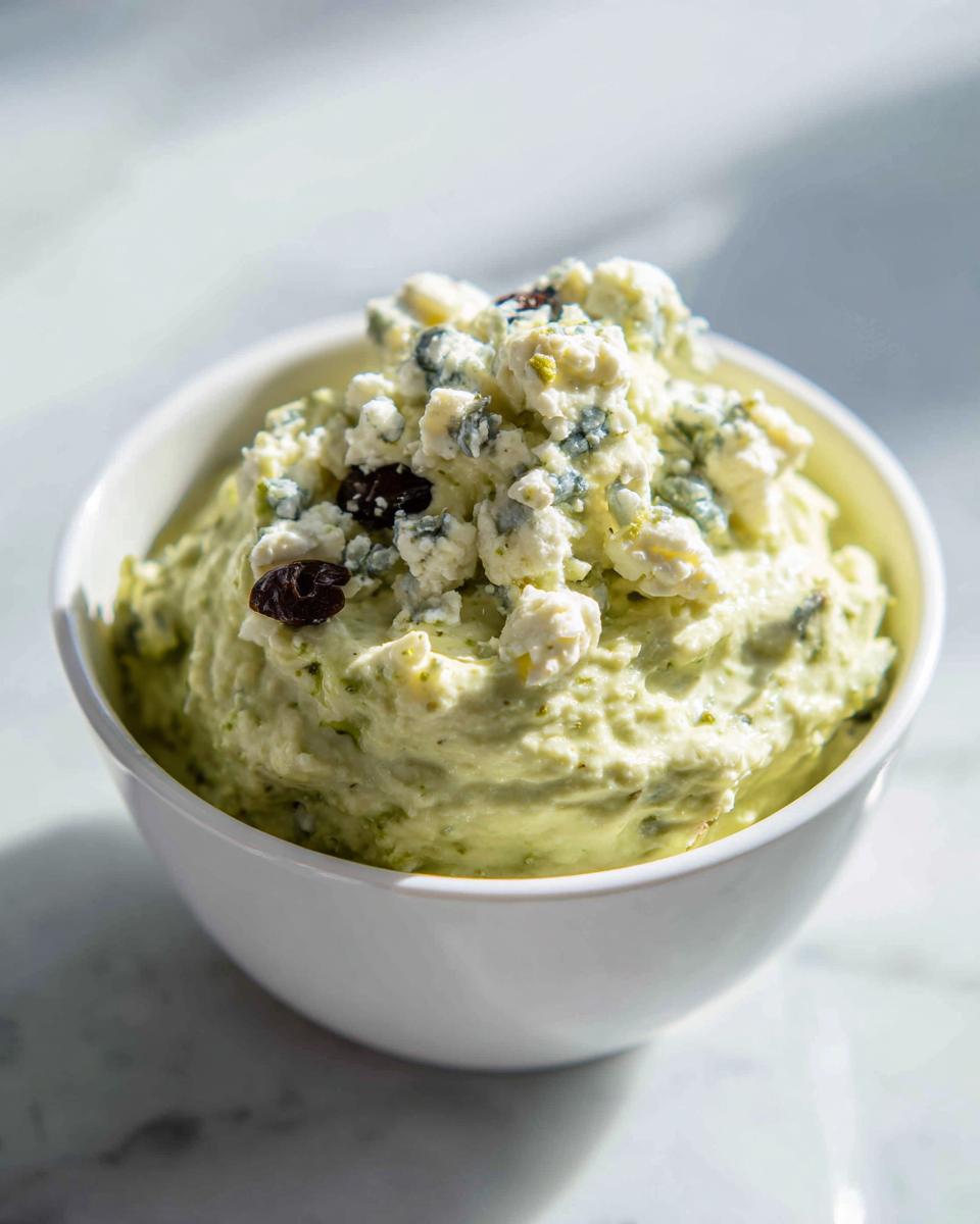 A close-up of creamy, pale green dirty martini dip topped generously with crumbled blue cheese and dark raisins.