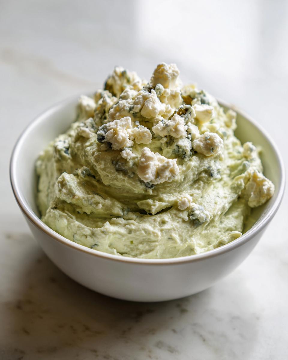 A bowl of creamy, pale green dirty martini dip topped generously with crumbled blue cheese.