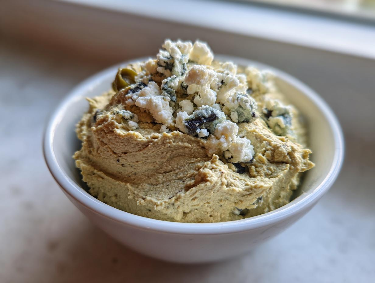 A close-up of a creamy, savory dirty martini dip in a white bowl, topped with crumbled blue cheese and an olive piece.