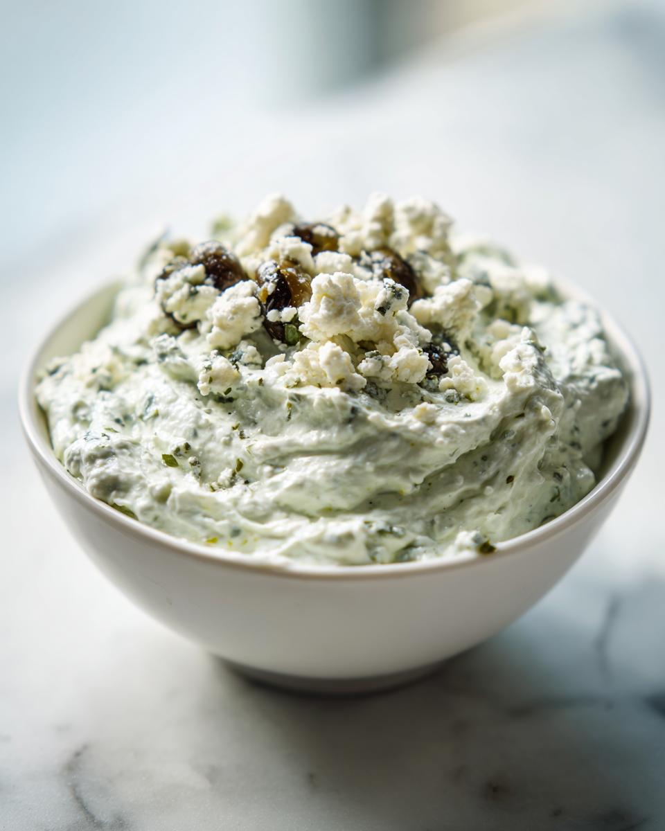 Close-up of a creamy, pale green dirty martini dip topped with crumbled feta cheese and dark olives.