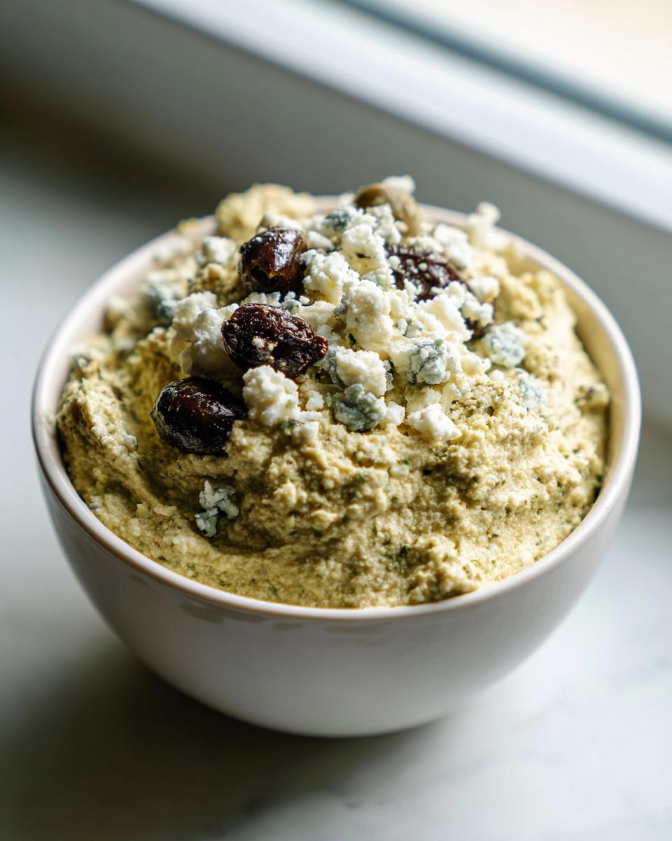A close-up of a bowl of creamy dirty martini dip, garnished with crumbled blue cheese and dark olives.