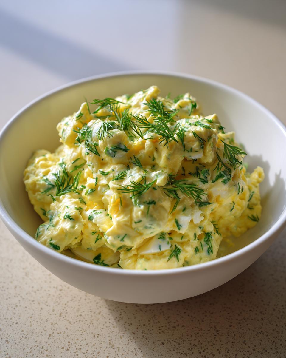 A white bowl filled with creamy, yellow egg salad generously garnished with fresh green dill.