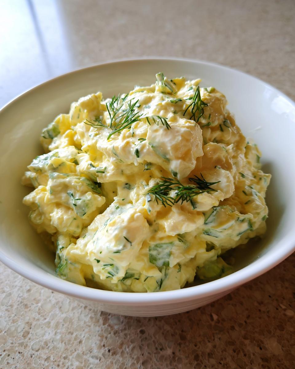A close-up of creamy, yellow egg salad mixed with green herbs, topped with fresh dill, served in a white bowl.