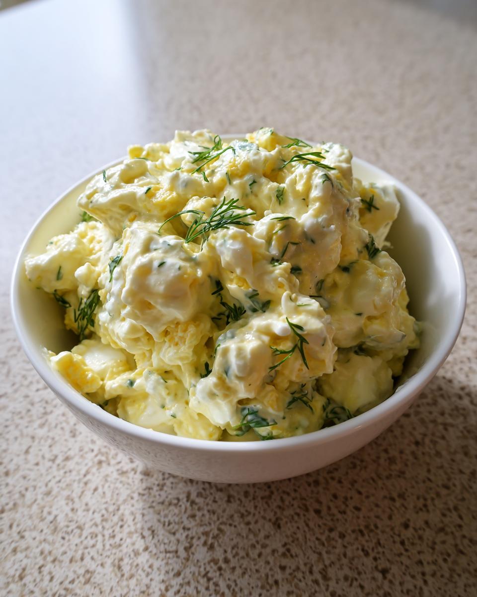 A white bowl filled with creamy, chunky egg salad topped with fresh dill sprigs.