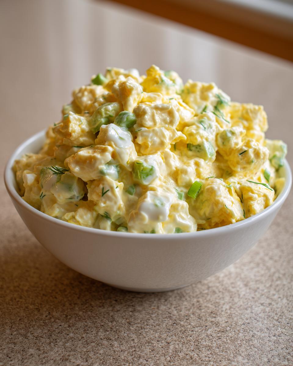 A white bowl filled high with creamy, chunky egg salad mixed with green celery and herbs.