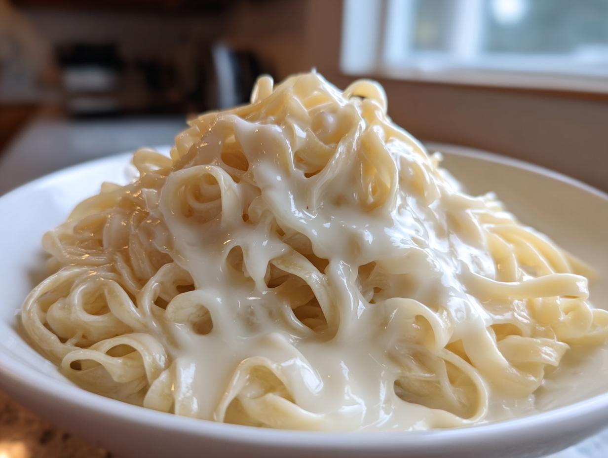 Close-up of fettuccine pasta generously coated in thick, creamy homemade alfredo sauce in a white bowl.