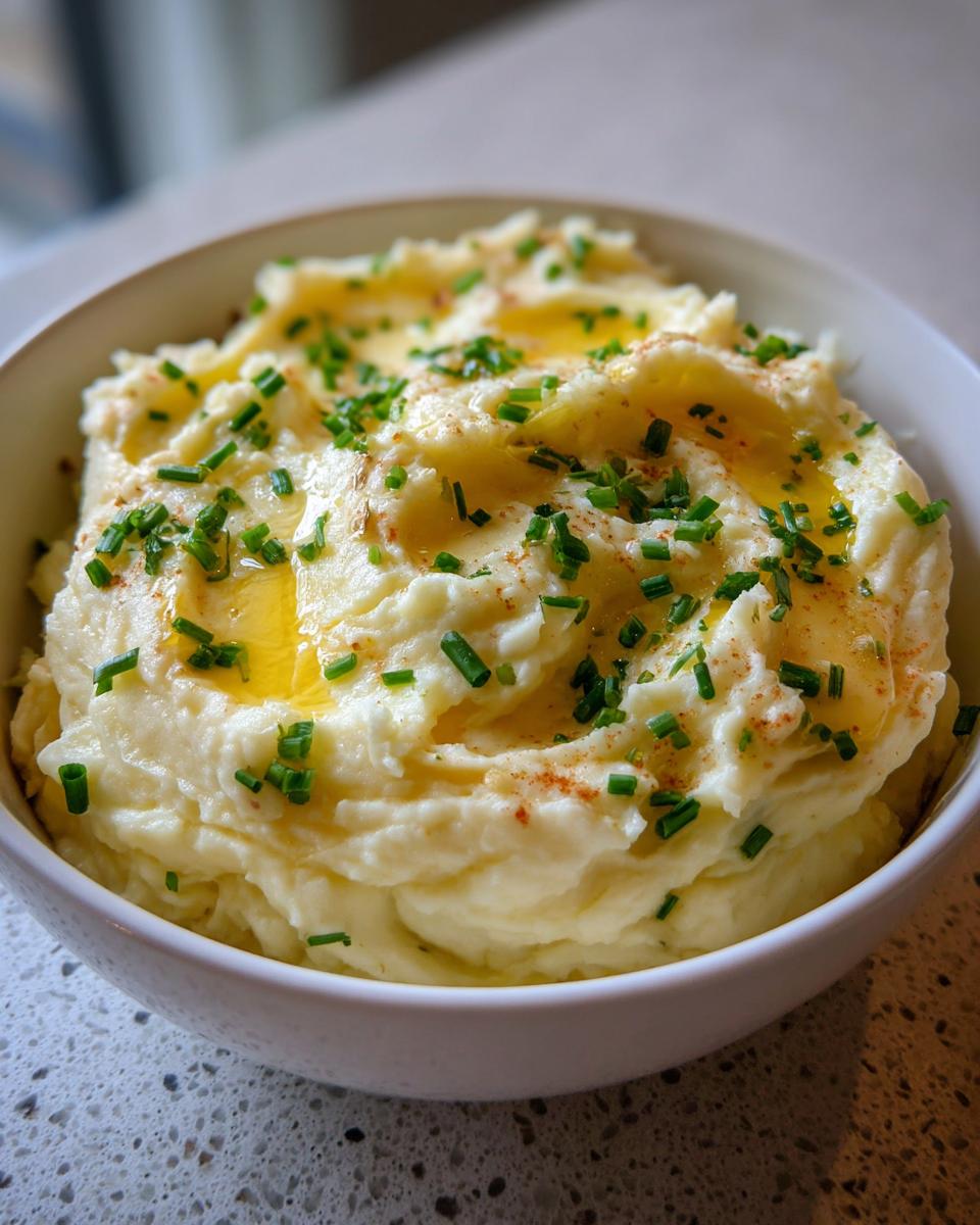 A close-up of creamy garlic mashed potatoes topped with melted butter, fresh chives, and paprika.
