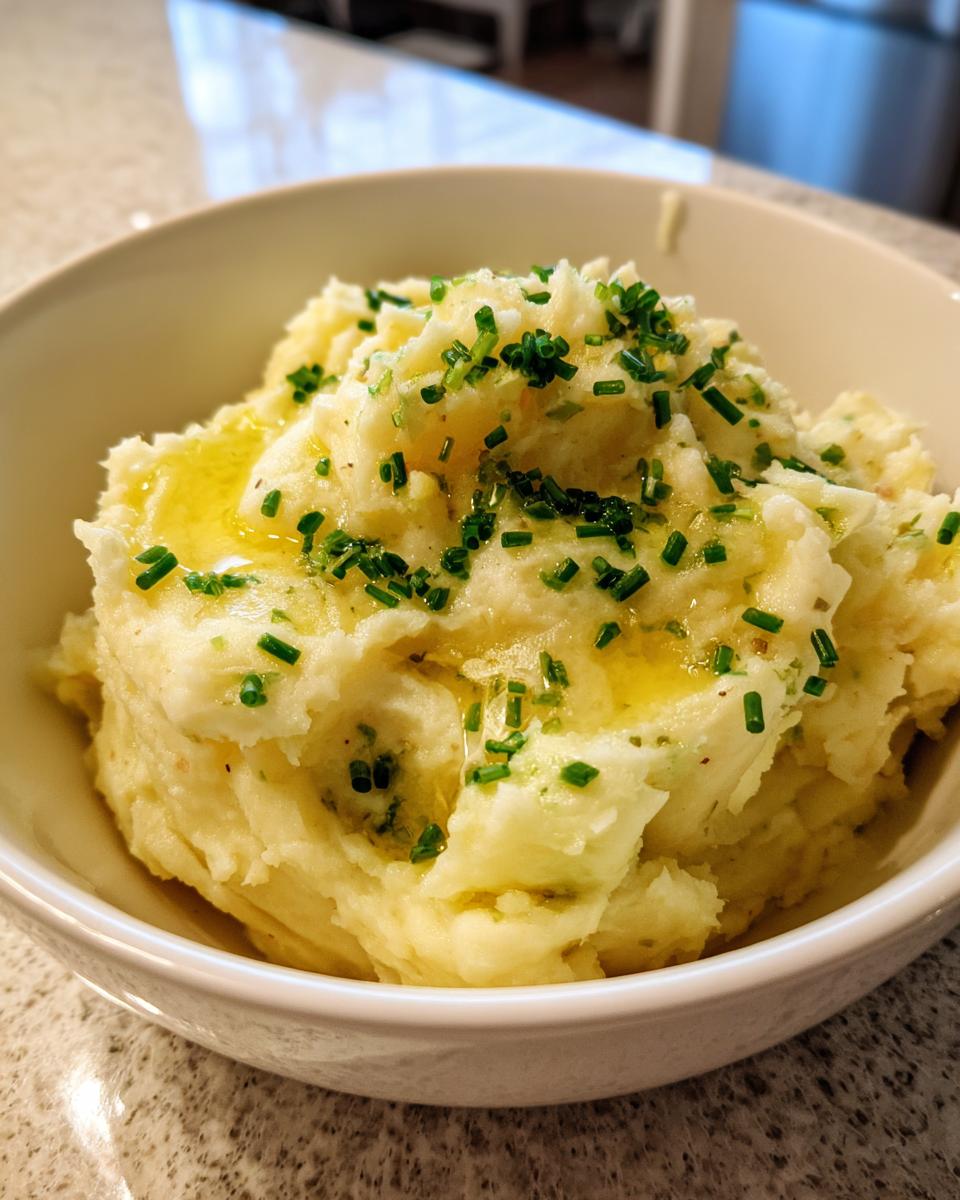 A close-up of creamy garlic mashed potatoes in a white bowl, drizzled with melted butter and topped with fresh green chives.