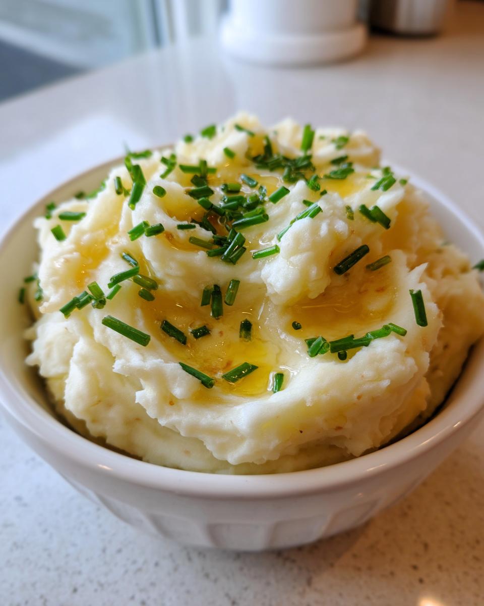 Close-up of creamy garlic mashed potatoes topped with melted butter and fresh chopped chives in a white bowl.