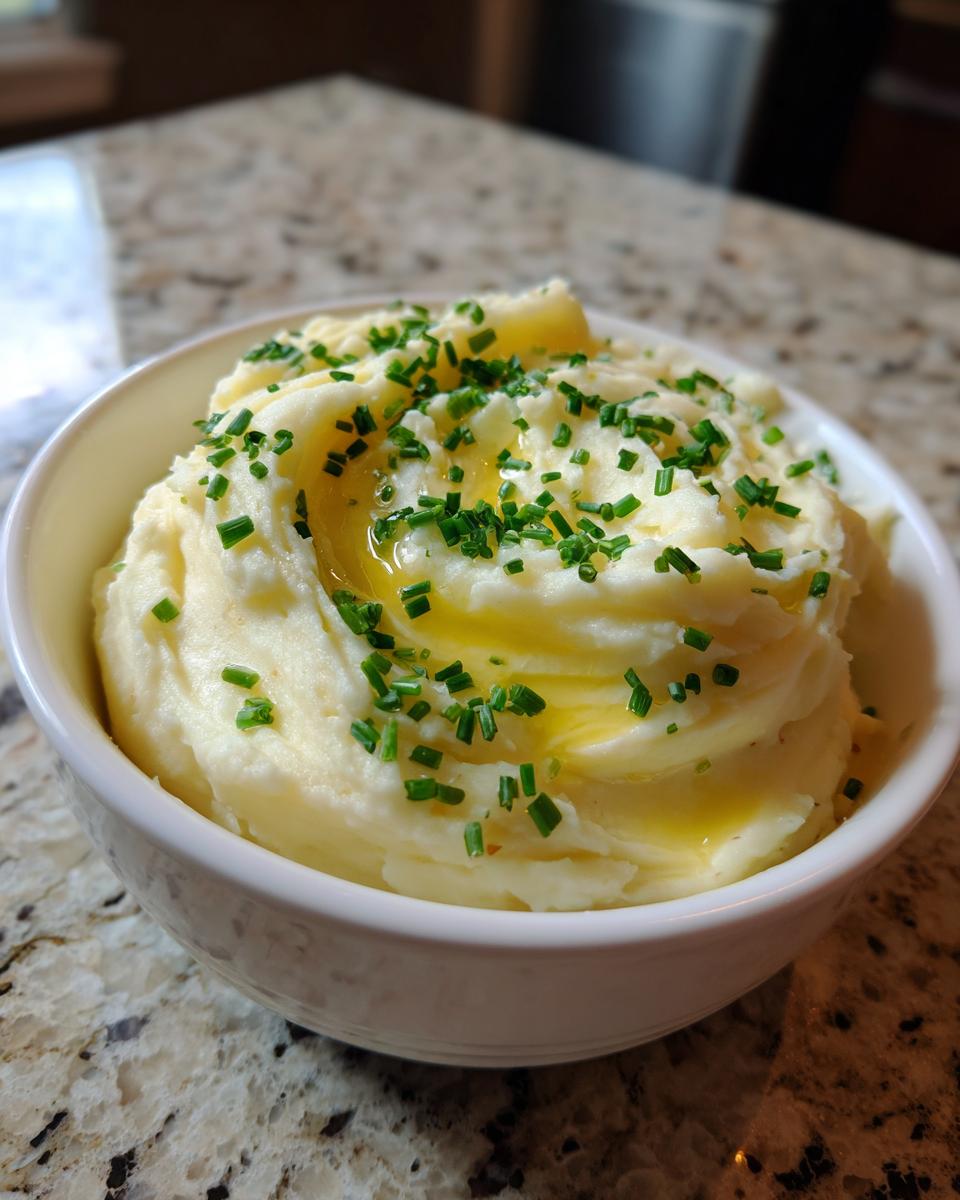 A white bowl filled with creamy garlic mashed potatoes, topped with melted butter and fresh chopped chives.