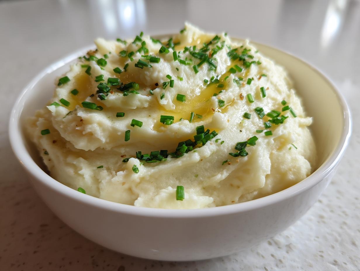 A white bowl filled with creamy garlic mashed potatoes, drizzled with melted butter and topped with fresh chopped chives.