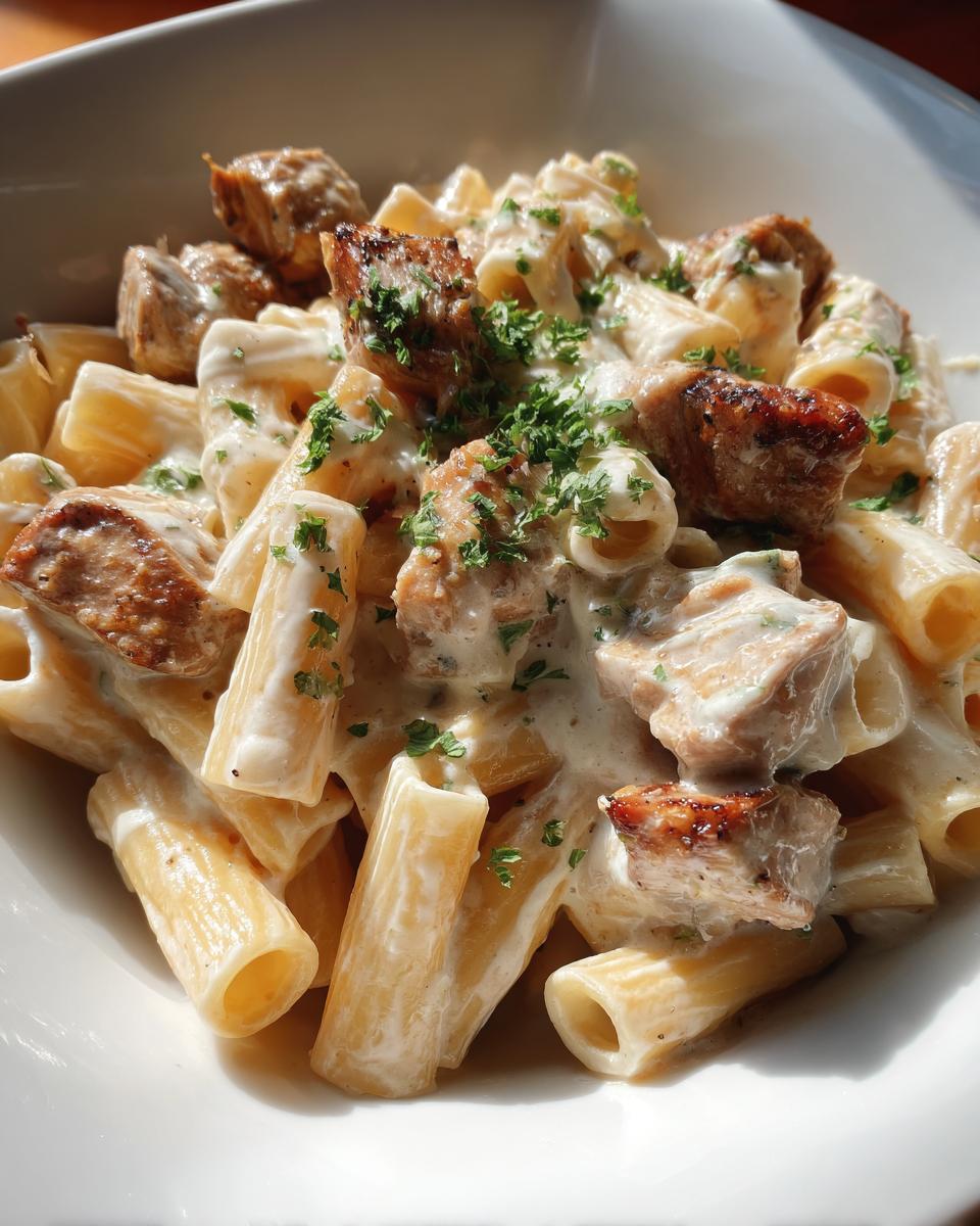 Close-up of rigatoni pasta tossed in a creamy sauce with chunks of seared chicken, seasoned with garlic parmesan.