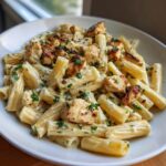 Close-up of rigatoni pasta coated in a creamy garlic parmesan sauce with chunks of seared chicken.