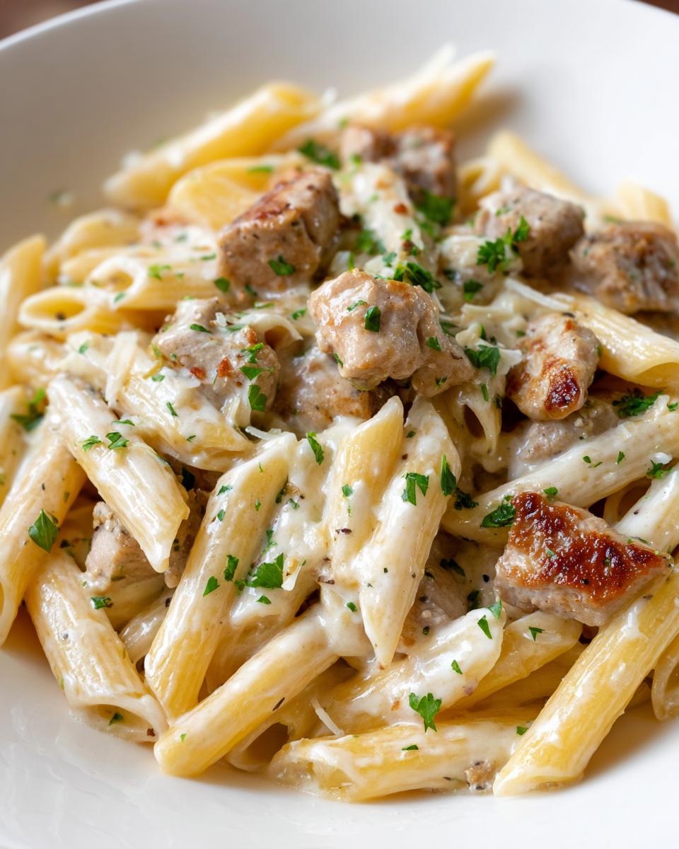 Close-up of penne pasta tossed in a rich garlic parmesan cream sauce with chunks of seared chicken, garnished with parsley.