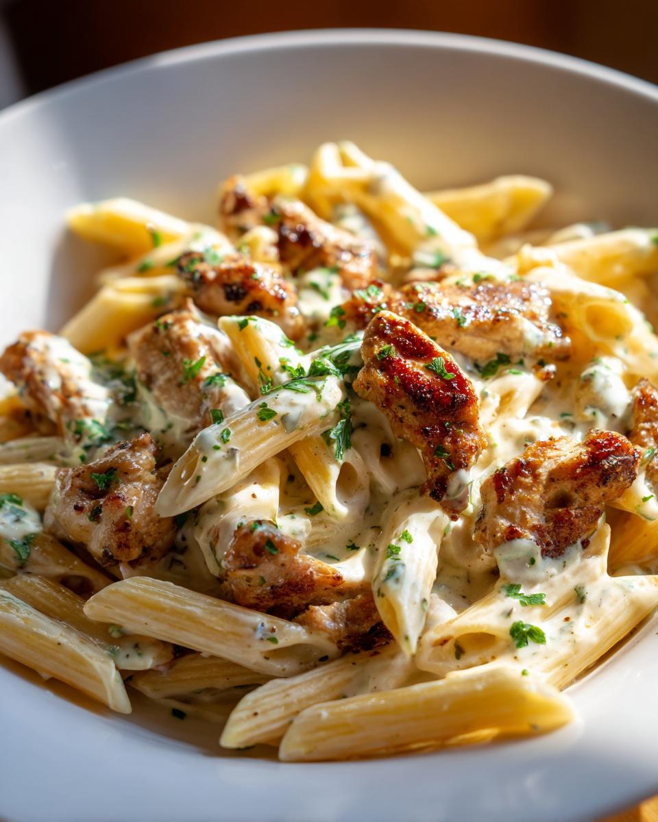 Close-up of penne pasta tossed in a creamy sauce with browned chicken pieces and fresh parsley, highlighting the garlic parmesan flavor.