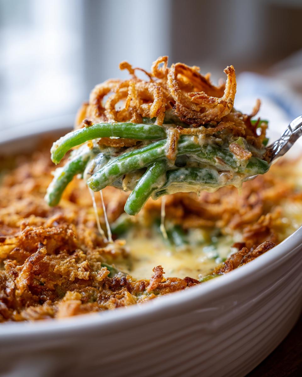 A spoonful of creamy green bean casserole topped with crispy fried onions being lifted from a white baking dish.