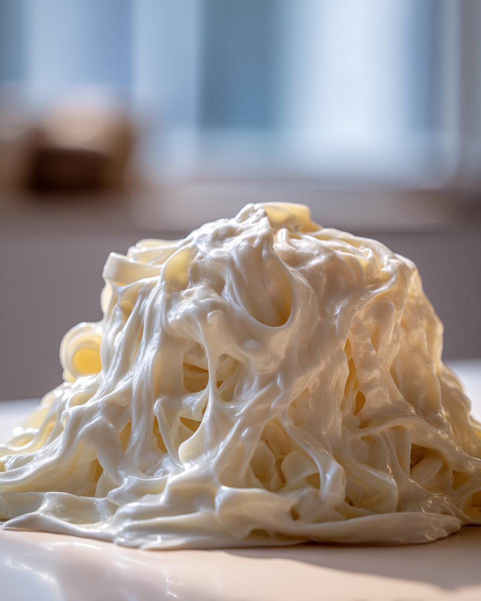 Close-up of thick, creamy homemade alfredo sauce generously coating a mound of pasta.