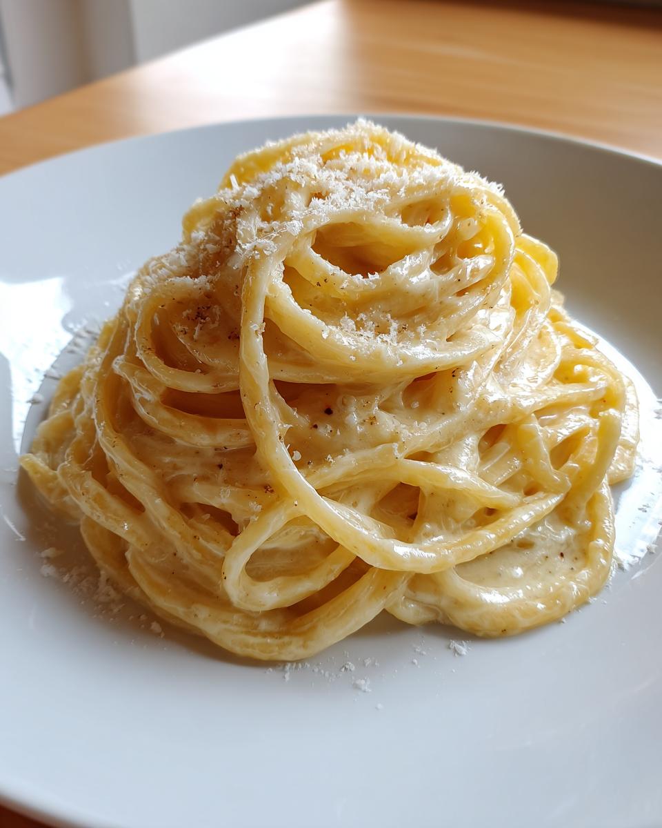 Close-up of a swirl of creamy lemon pasta topped generously with grated Parmesan cheese and black pepper.