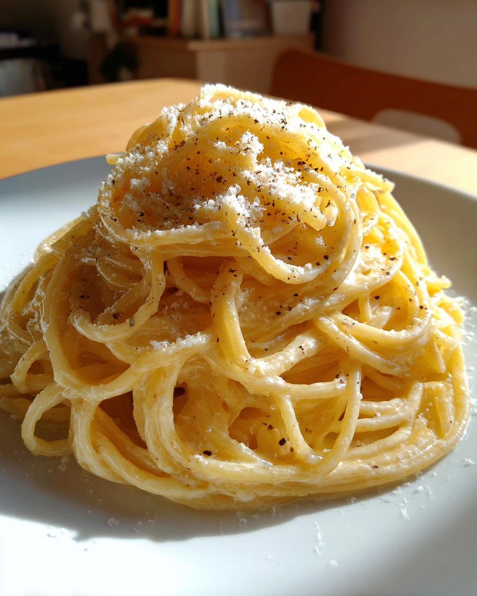 Close-up of a mound of creamy lemon pasta, topped generously with grated cheese and black pepper.