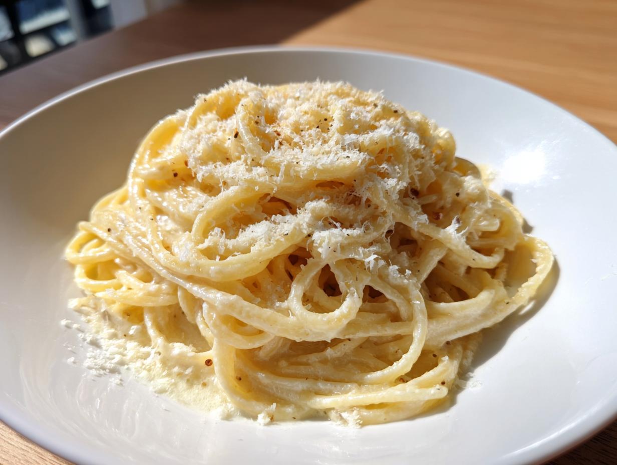 A close-up of a serving of creamy lemon pasta coated in a rich sauce and topped generously with grated Parmesan cheese.