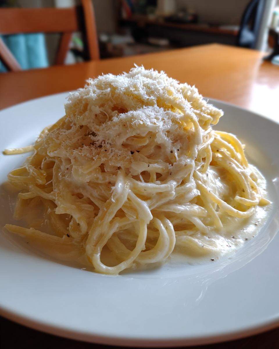 Close-up of a plate of creamy lemon pasta generously topped with grated Parmesan cheese and black pepper.