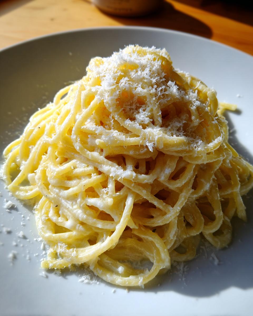 Close-up of a mound of creamy lemon pasta coated in a rich sauce and generously topped with grated Parmesan cheese.