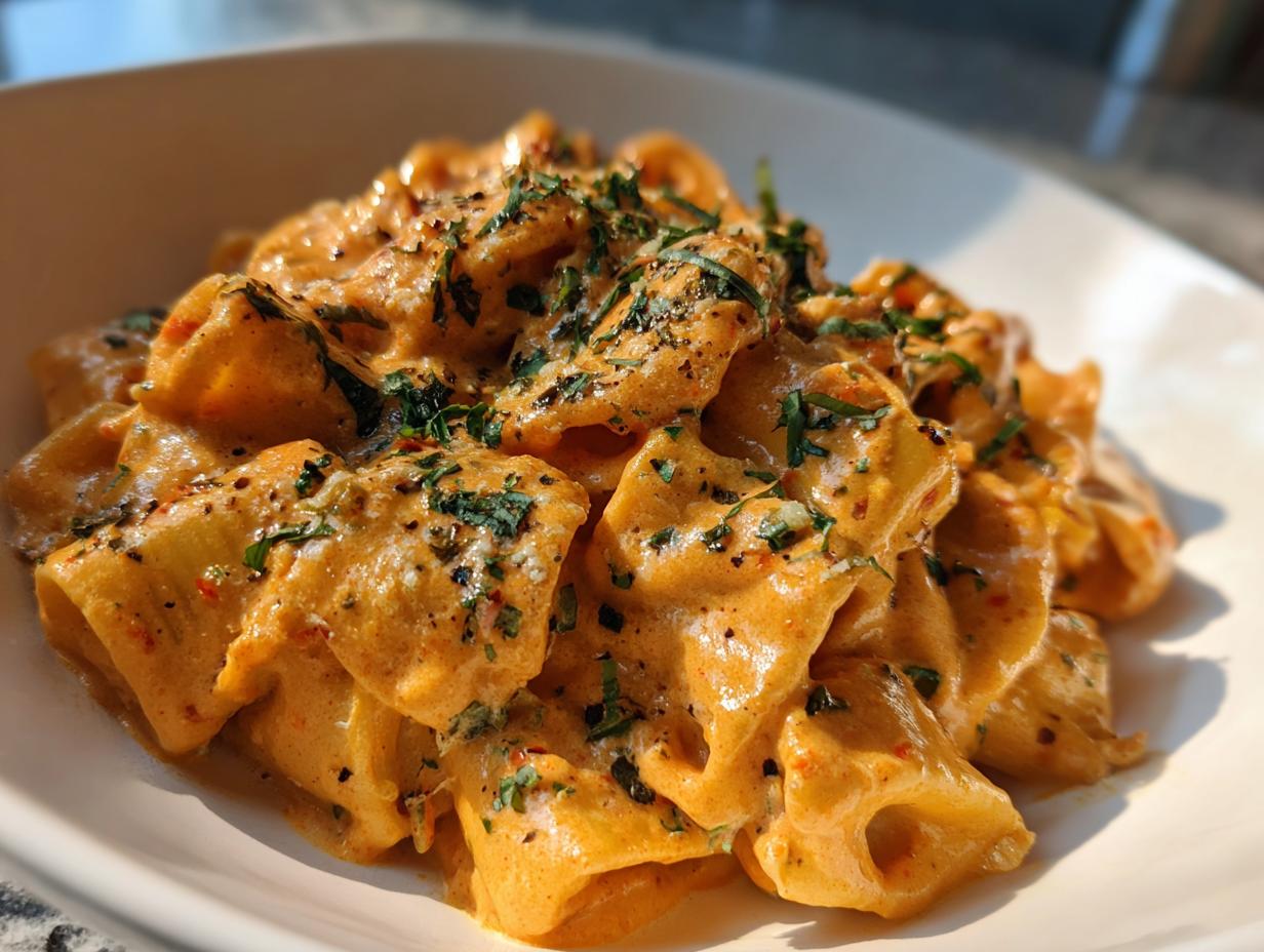 Close-up of delicious pink sauce pasta coated in creamy sauce and topped with fresh herbs.