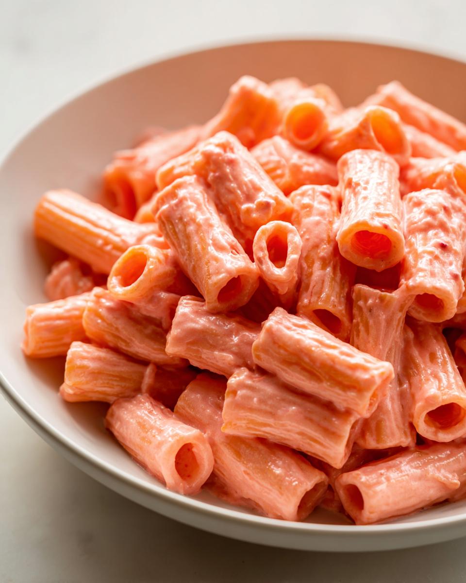 Close-up of rigatoni pasta coated generously in creamy pink sauce pasta, served in a light bowl.