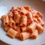 A close-up shot of rigatoni pasta coated generously in creamy pink sauce pasta, served on a white plate.