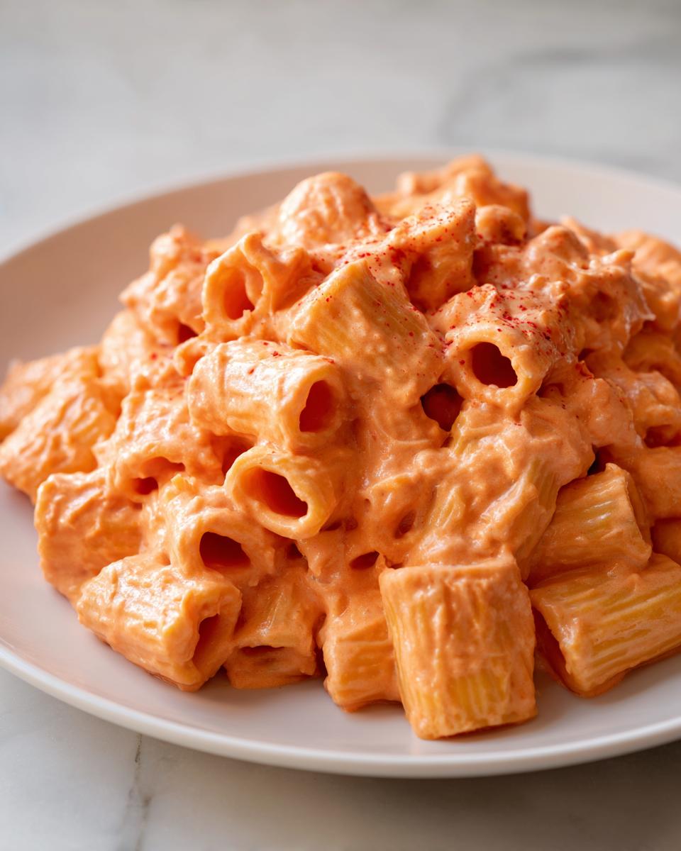 Close-up of rigatoni pasta generously coated in creamy, orange-hued pink sauce pasta, sprinkled with red spice.
