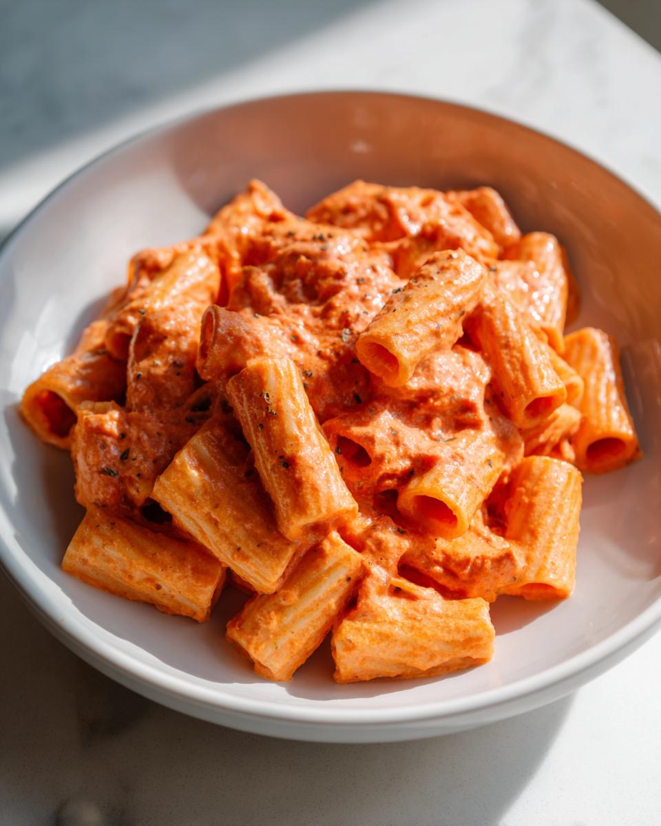 A close-up, brightly lit shot of rigatoni pasta coated in a rich, creamy pink sauce pasta, served in a white bowl.