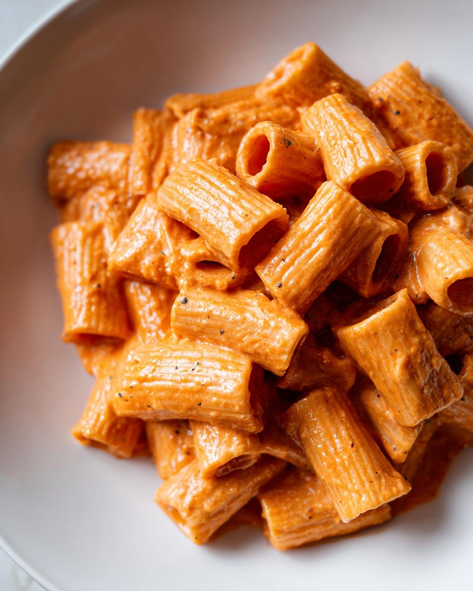 Close-up of rigatoni pasta coated generously in creamy, orange-hued pink sauce pasta, served in a white bowl.