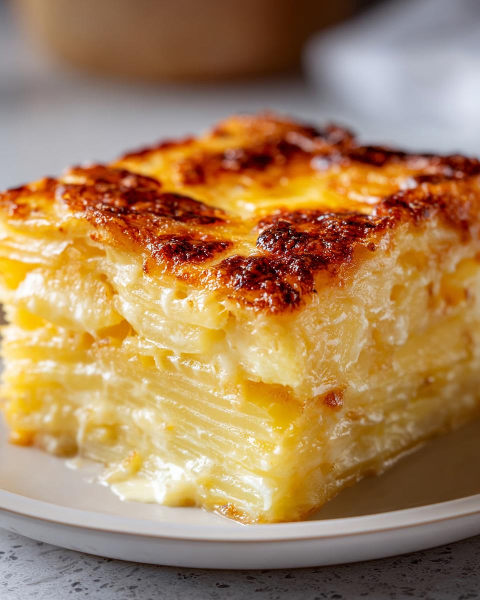 Close-up of a rich, layered slice of potatoes au gratin with a golden-brown, cheesy crust.
