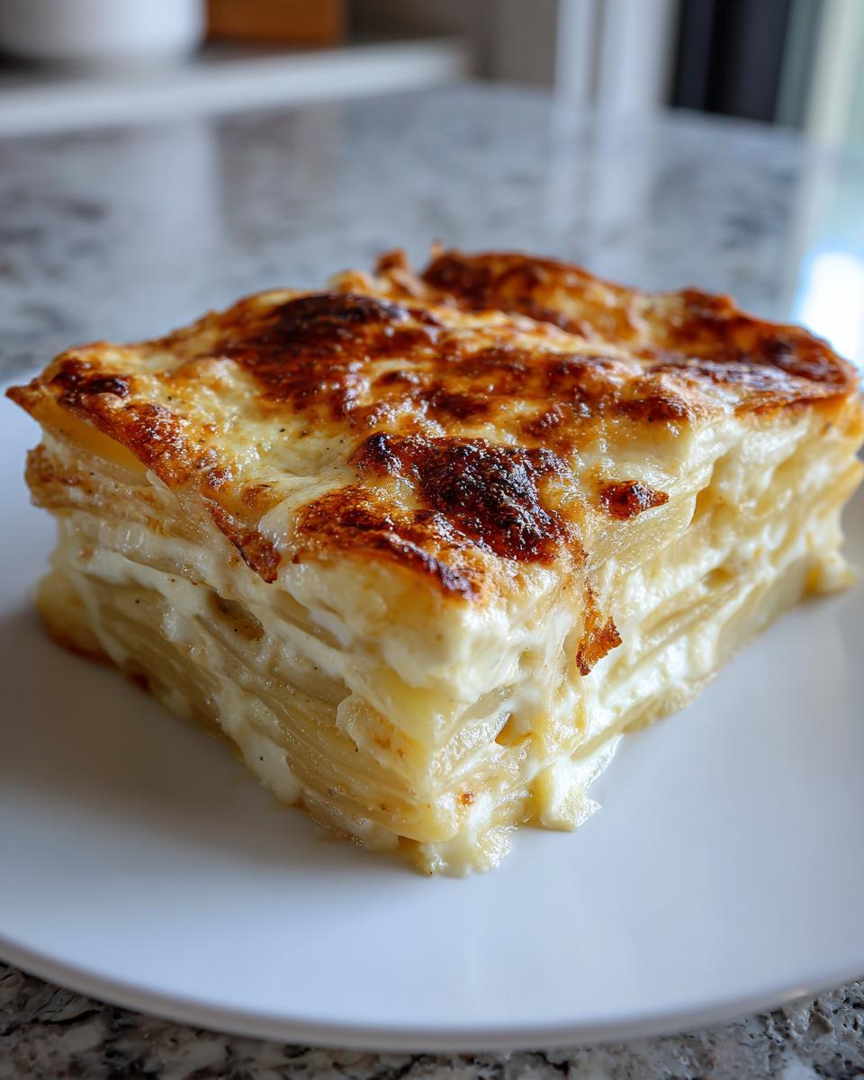A thick, layered slice of golden brown potatoes au gratin served on a white plate.