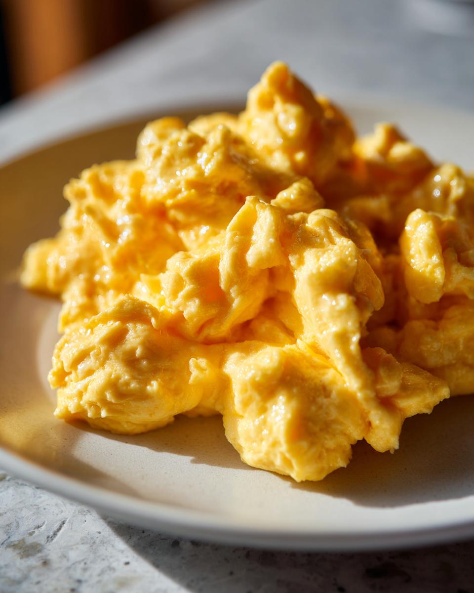 A close-up, appetizing shot of soft, creamy scrambled eggs piled high on a light-colored plate.