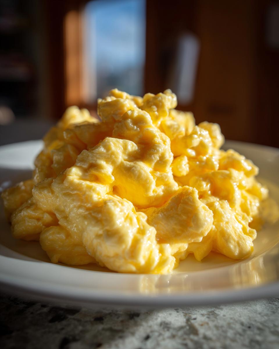 A close-up, low-angle shot of fluffy, creamy scrambled eggs piled high on a white plate, catching the sunlight.