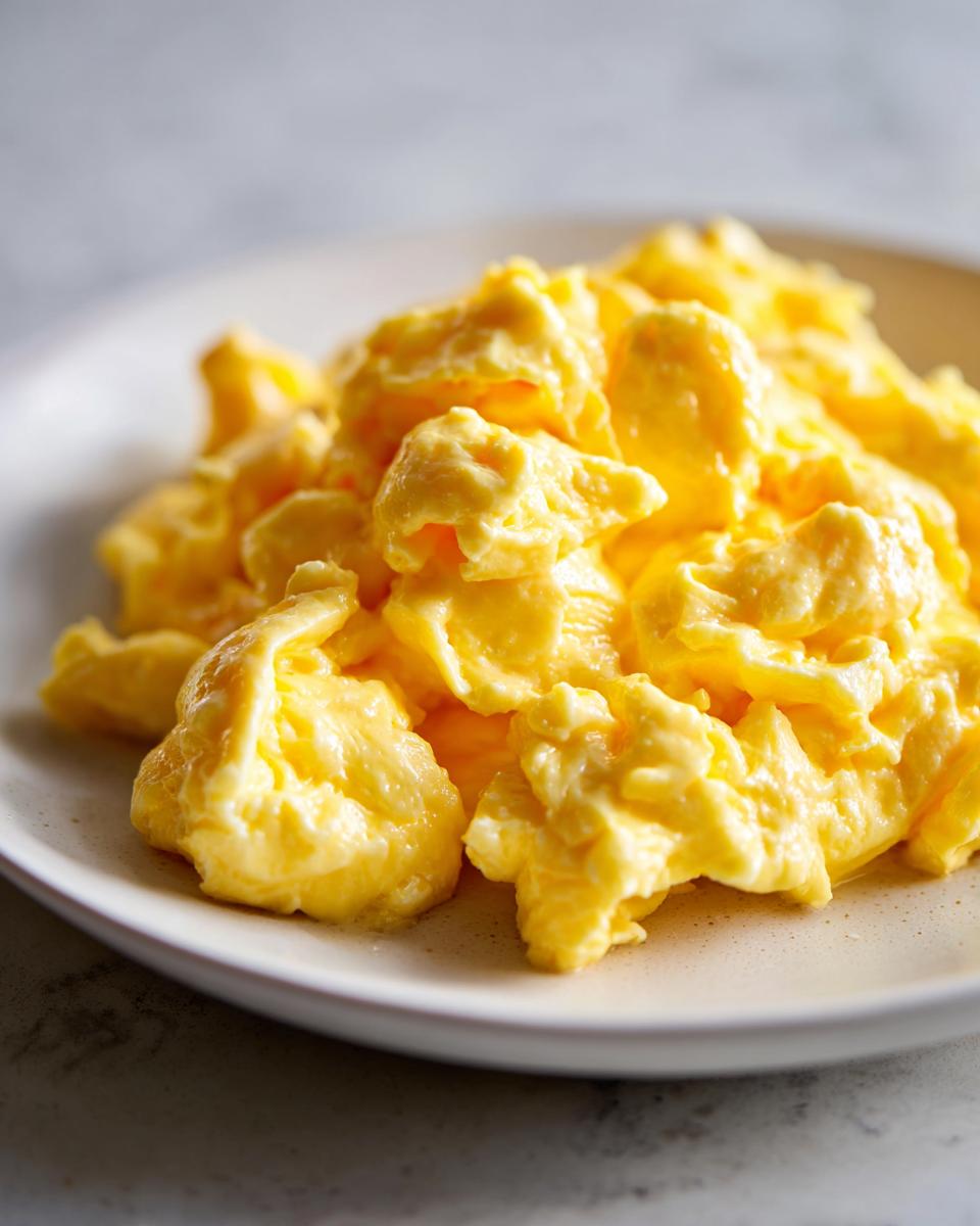 Close-up of fluffy, bright yellow scrambled eggs piled high on a light-colored plate.