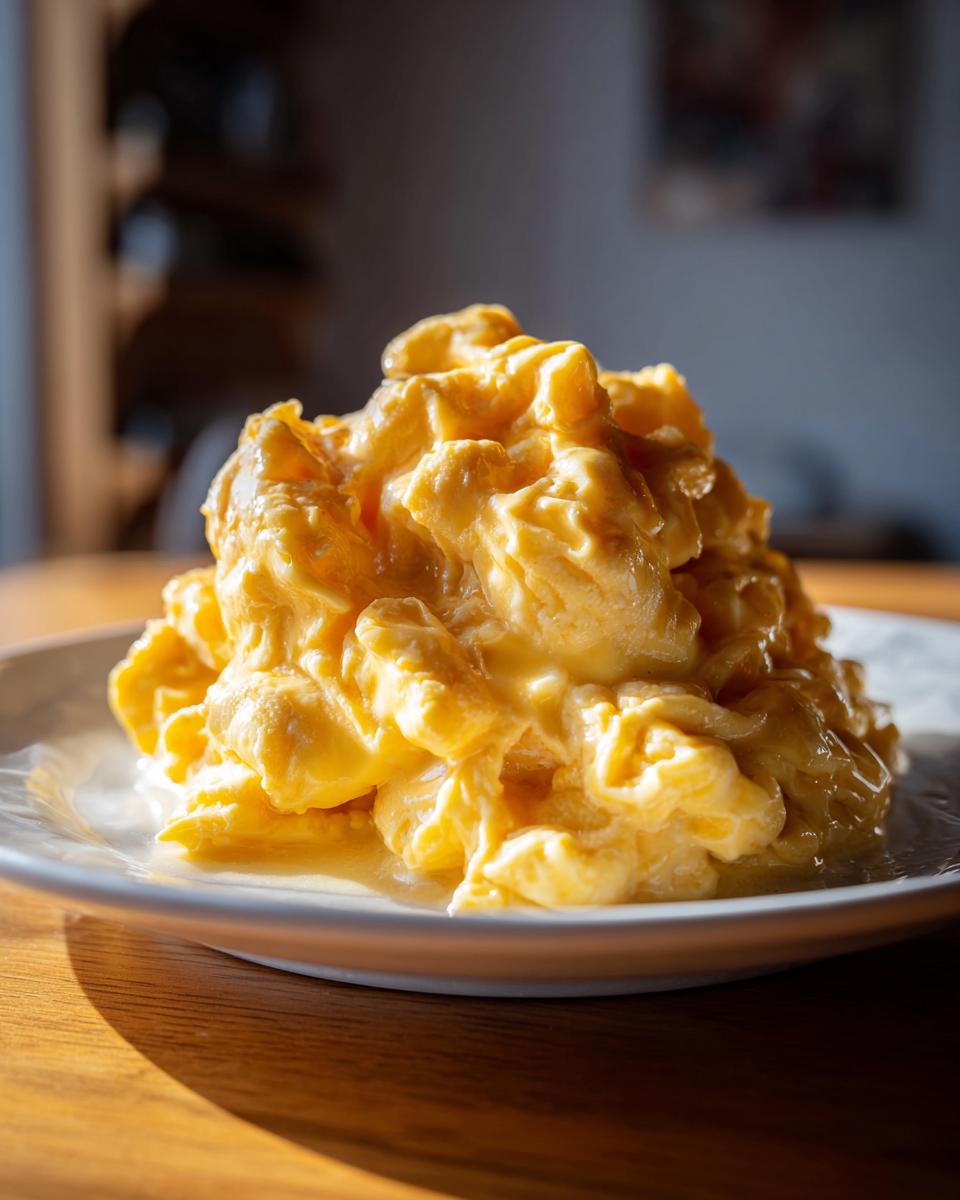 A close-up, high-angle shot of a large mound of creamy, soft scrambled eggs served on a white plate.