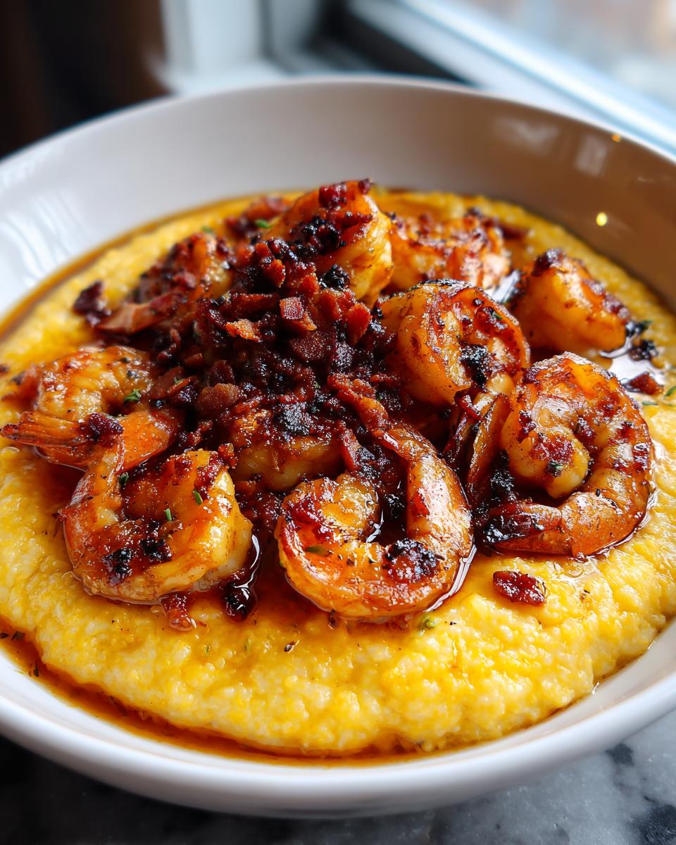 A close-up bowl of creamy yellow shrimp and grits topped with perfectly cooked shrimp and crumbled bacon.