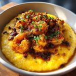 A close-up of creamy, yellow shrimp and grits topped with seasoned shrimp, bacon bits, and fresh chives.