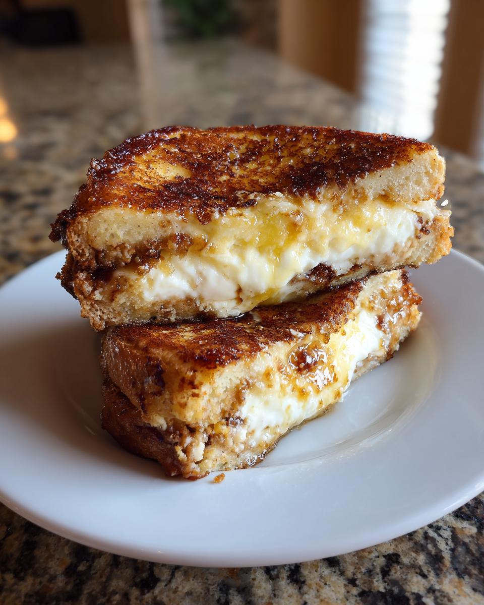 Two halves of golden brown stuffed french toast stacked on a white plate, showing a creamy white filling.