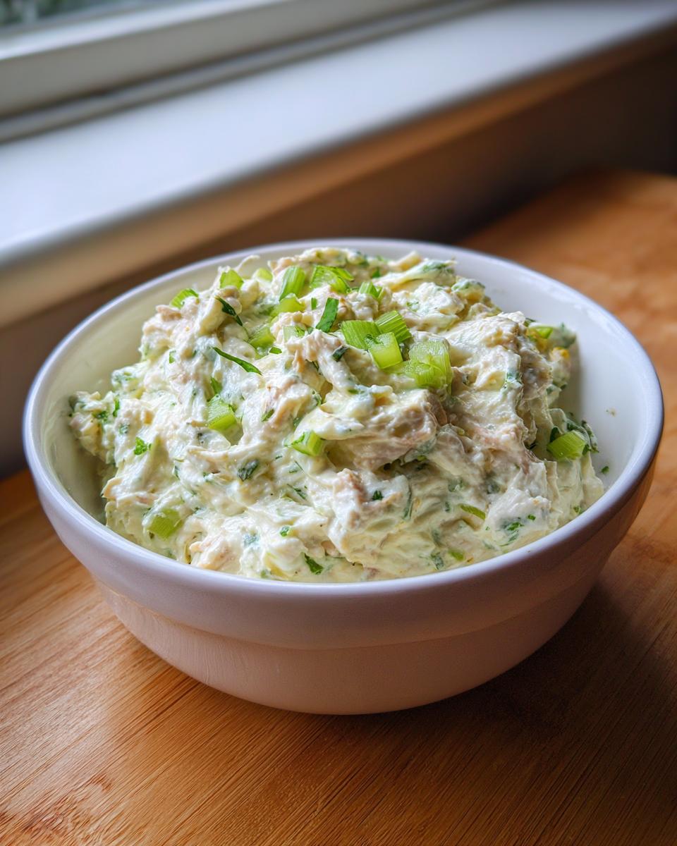 A white bowl filled with creamy tuna dip, garnished generously with chopped green celery.