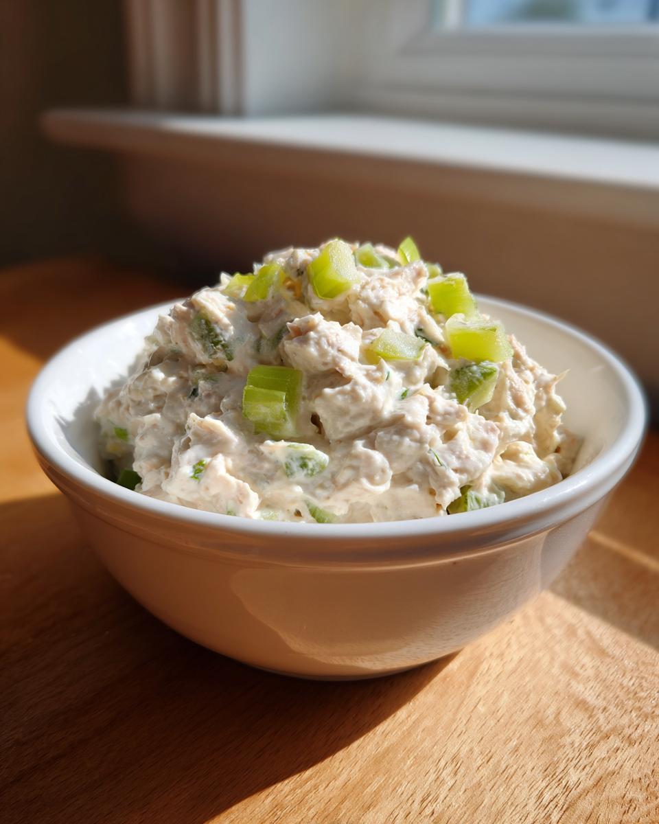A white bowl filled with creamy tuna dip, topped with diced green celery pieces, sitting on a wooden surface.