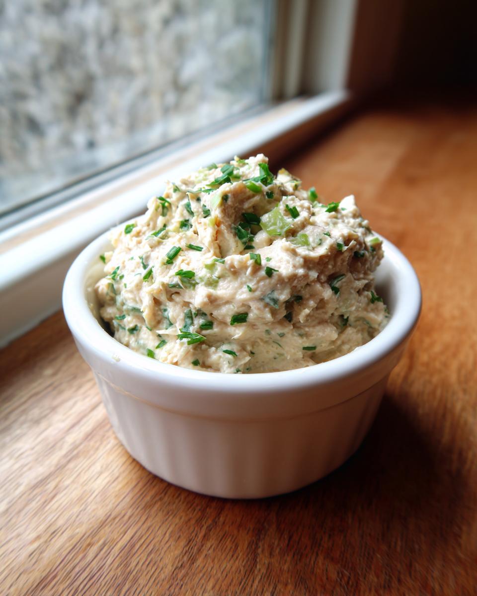 A small white bowl filled with creamy tuna dip, garnished generously with chopped green chives.