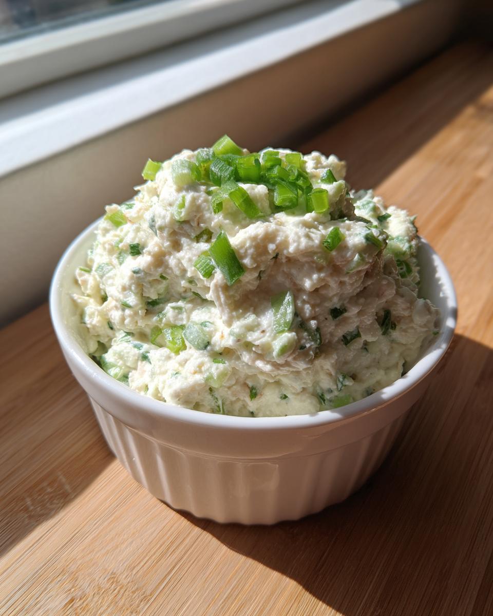 A small white bowl filled with creamy tuna dip, garnished generously with chopped green onions.
